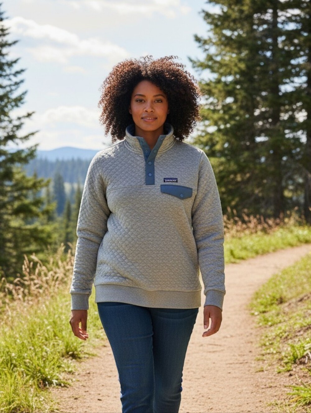 Patagonia Quilted Mock-Neck Pullover Sweatshirt Light Gray with Slate Trim XXL